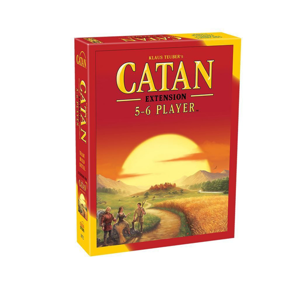 Front of the game's box, a red background with Catan written in yellow at the top and a sunset illustration on the center of the cover