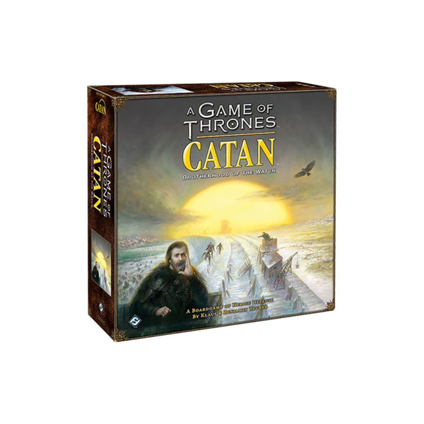 Box cover of Catan - A Game Of Thrones. There's a snow valley behind a man looking outside the box