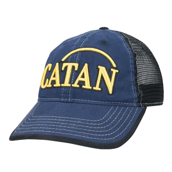 Blie hat viewed from the front, with a large yellow Catan logo in the middle