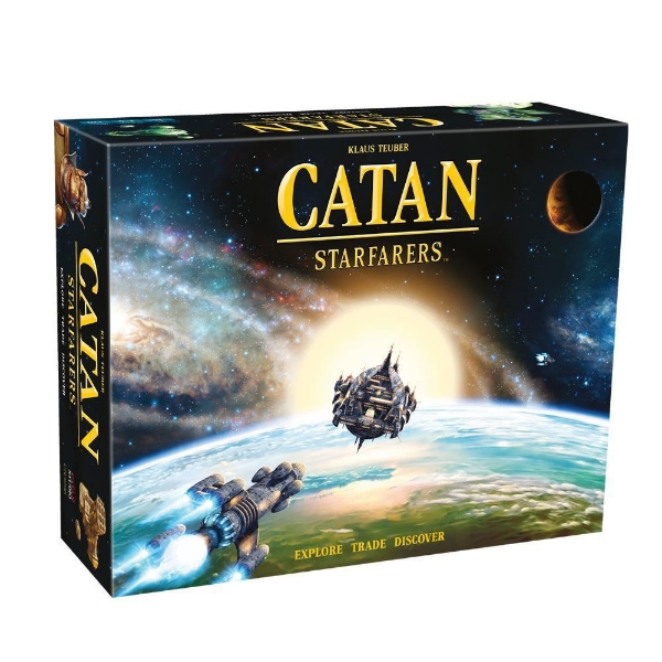 Box of the Catan Starfarers game. There's a spaceship floating in space above earth, with the sun behind it. It's written Catan in yellow on the top