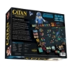 Back of the box from Catan Starfarers. It's written Catan in yellow on the top-left, with an illustration of the game's board and pieces, nad the game's instructions written in white on the left side