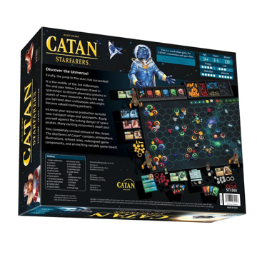 Box of the Catan Starfarers game. There's a spaceship floating in space above earth, with the sun behind it. It's written Catan in yellow on the top
