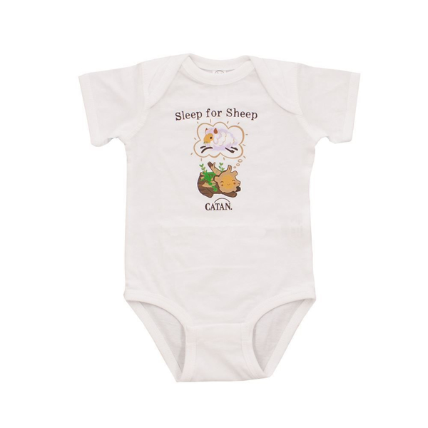 White Infant Bodysuit, written sleep for sheep on the top, over an illustration of a cartoon sheep sleeping and "Catan" written under it