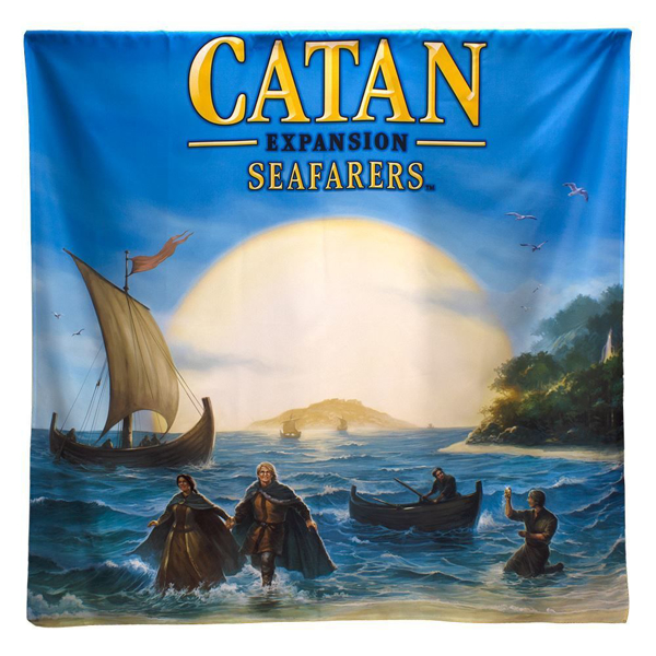 Seafarers Shower Curtain, an illustration of people on the sea, with a ship on the left and the sunset behind them