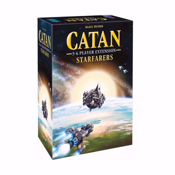 Front of the box of CATAN® Starfarers™ 5 - 6 Player Extension. There's a spaceship floating above earth, with the sun behind it