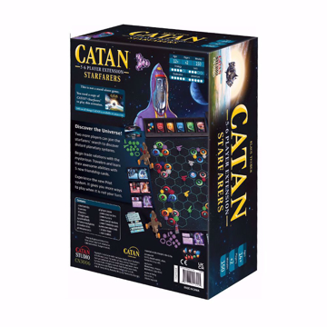 Front of the box of CATAN® Starfarers™ 5 - 6 Player Extension. There's a spaceship floating above earth, with the sun behind it