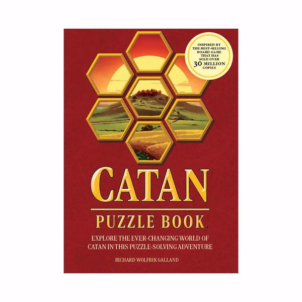 CATAN® Puzzle Book cover, red background written Catan Puzzle Book in yellow on the bottom, and an hexagonal shape made from hexagons over it