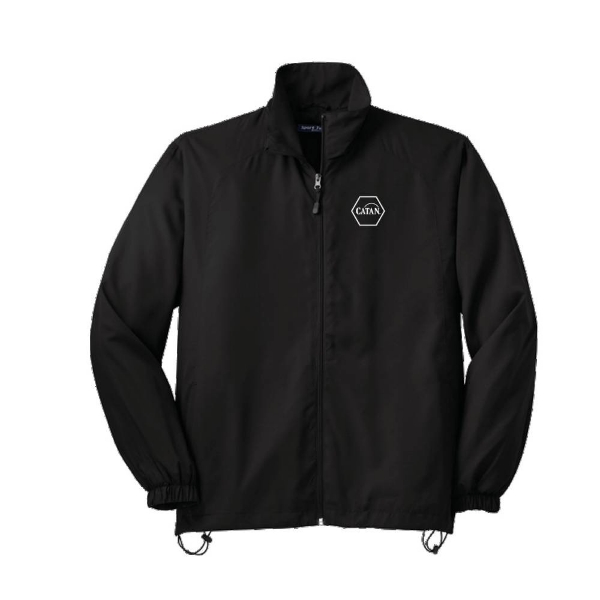 Black windbreaker with white Catan logo across left chest 