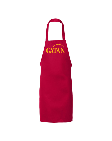 A red apron with the yellow Catan logo on the chest area