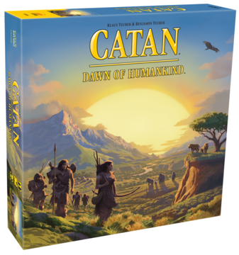 Front of the package, an illustration of adveturers walking towards the sunset in a field, with Catan written in ellow on the top