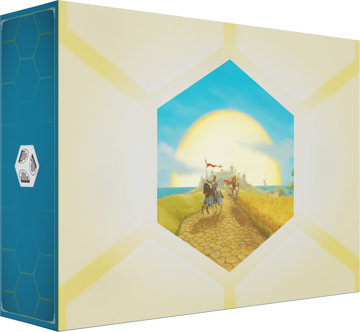 Front of the package, light blue written Catan in yellow in the top