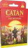 Front of the box, red background, illustration of 5 people standing on a field, with the sunset behind them. It is written Catan in yellow on the top