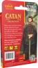 Back of the box, red background with an illustration of a man with a sword, and the game rules written on white in his left, with Catan written in yellow on the top