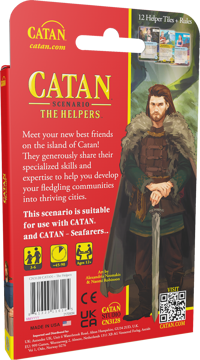Front of the box, red background, illustration of 5 people standing on a field, with the sunset behind them. It is written Catan in yellow on the top