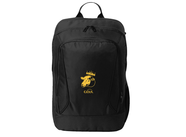 Black backpack with a yelow illustration of a sheep's head wearing a crown, written  Catan under it