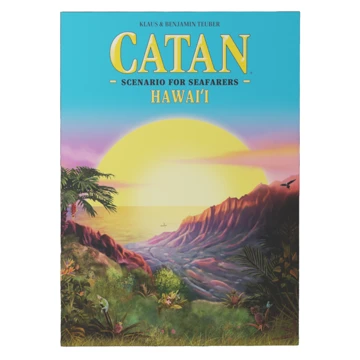 Front of the bod, light-blue background with a sunset and trees in the middle, Catan written in yellow on the top