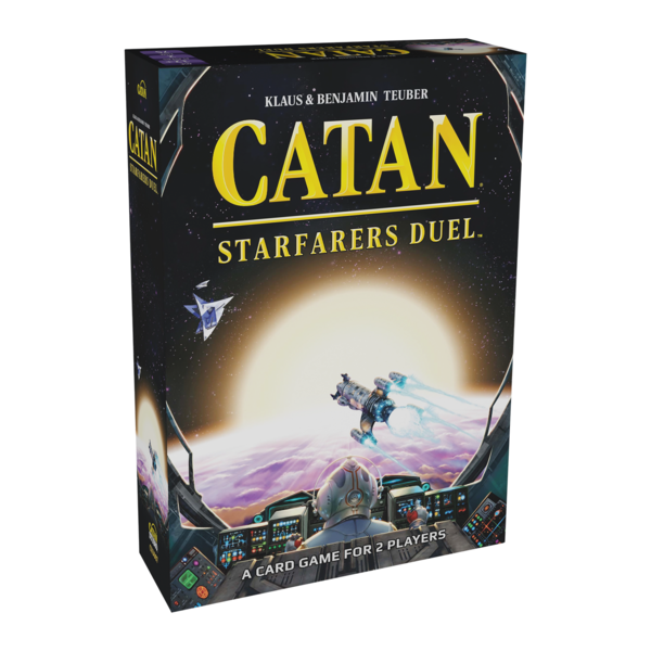 Front of the game's box, a black background with Catan written in yellow at the top, a spaceship floating above Earth, and the sun behind it
