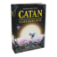 Front of the game's box, a black background with Catan written in yellow at the top, a spaceship floating above Earth, and the sun behind it