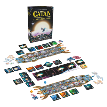 Front of the game's box, a black background with Catan written in yellow at the top, a spaceship floating above Earth, and the sun behind it