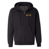Black zip hoodie with the Catan symbol in yellow on the  left peck