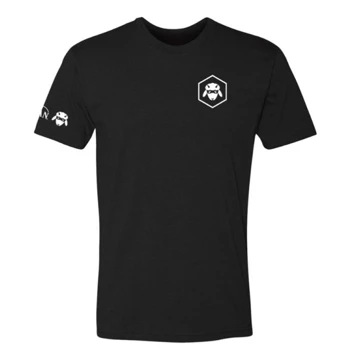 Black t-shirt with a sheep symbol inside a hexagon on the left peck.
