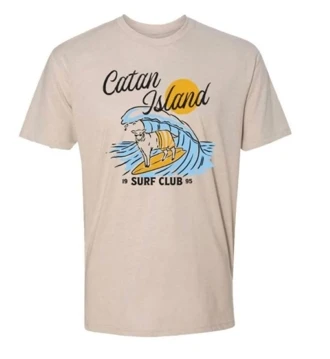 Catan Island Surf Tee Front Image. An illustration of a sheep surfing, written "Catan Island Surf Club" under it