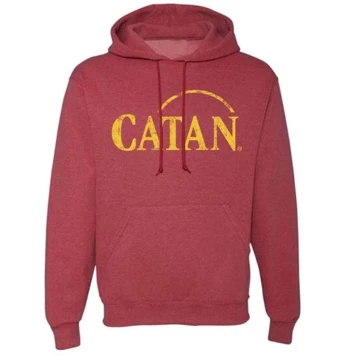 Red hoodie with the yellow Catan symbol over the chest area	
