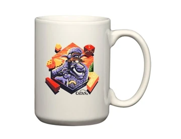 White mug with an illustration of a smiling sheep with only one eye, wearing a hat, surrounded by dice and Catan game pieces
