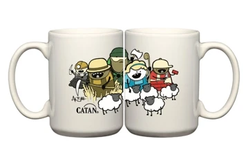 Two white mugs complementing each other to complete an illustration of several cartoon workers