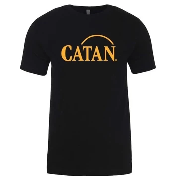 Black t-shirt written Catan in yellow on the chest area