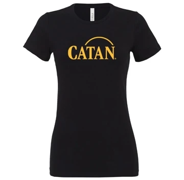 Black t-shirt with Catan written in yellow on the chet area