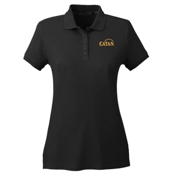Black polo shirt written Catan in yellow on the left side of the chest