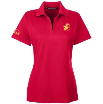 Red polo shirt with a yellow illustration of a sheep's head wearing a crown on the left chest	