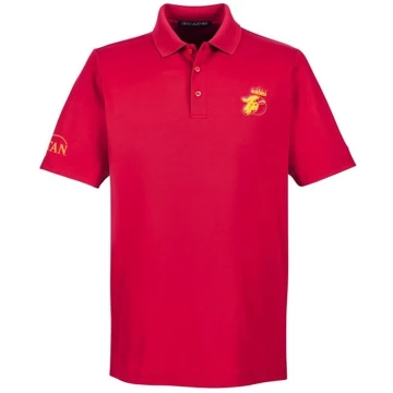 Red polo shirt with a yellow illustration of a sheep's head wearing a crown on the left peck