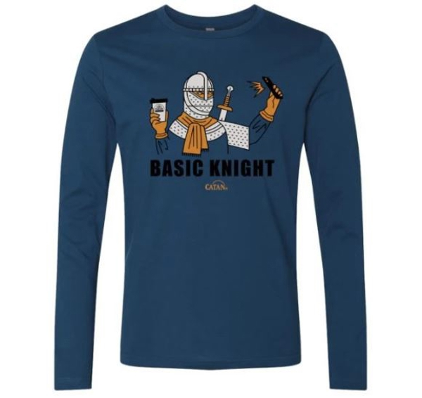 Blue long-sleeve shirt with an illustration of a knight taking a selfie holding a coffee cup, written "Basic Knight" in black under it