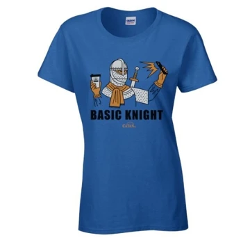 Bright-blue t-shirt with an illustration of a knight taking a selfie holding a coffee cup, written "Basic Knight" in black under it