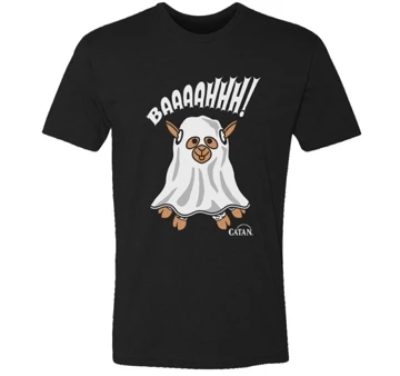 Black t-shirt with an illustration of a sheep wearing a ghost halloween costume, screaming "Baaaahhh!"