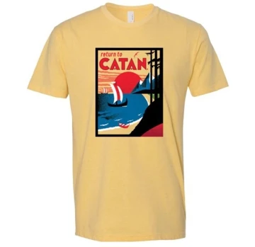 Yellow t-shirt written "Return to Catan" with an illustration of a boat on the beach, inside a black rectangle