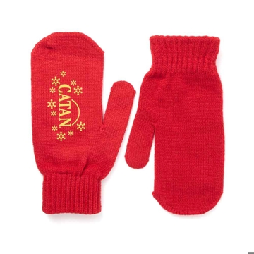 Image of red mittens with yellow Catan logo and snowflakes