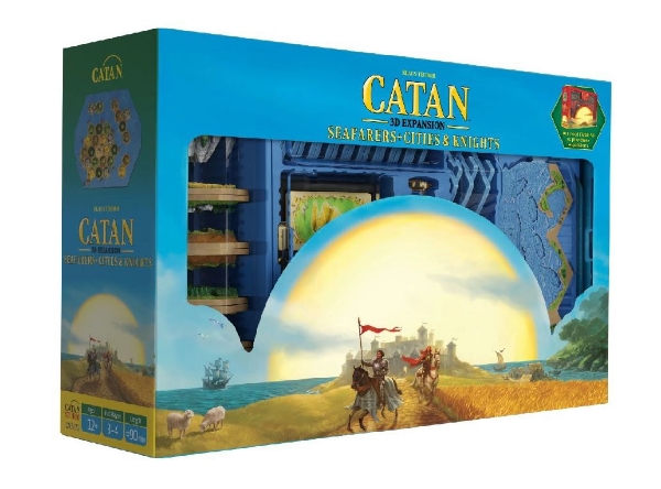 Front of the package, light blue written Catan in yellow in the top