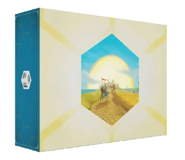 Front of the package, light blue written Catan in yellow in the top