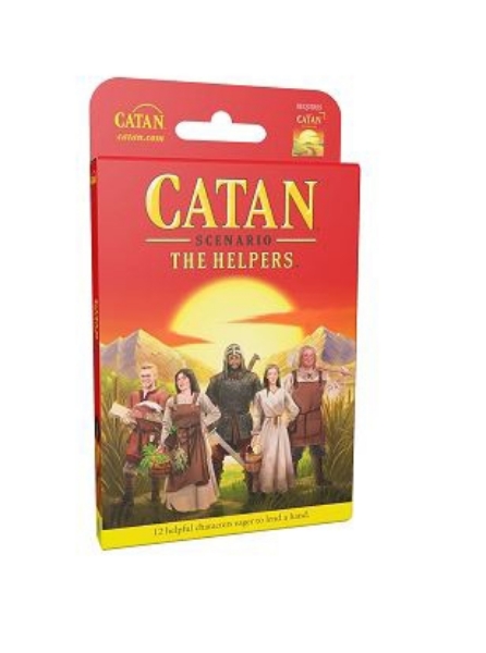 Front of the box, red background, illustration of 5 people standing on a field, with the sunset behind them. It is written Catan in yellow on the top