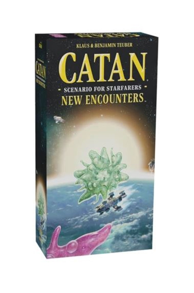 Black box with Catan written in yellow on the top, and an illustration of a spaceship flying in space over earth