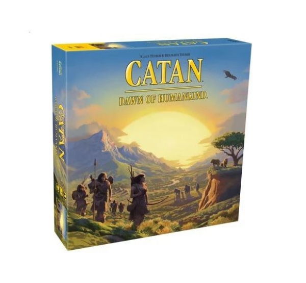 Front of the package, an illustration of adveturers walking towards the sunset in a field, with Catan written in ellow on the top