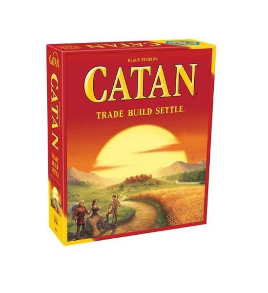 Settler of Catan® Game box cover, there's an illustration of a sunset on top of a valley