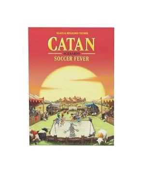 Front cover of the game's box. Red background with a soccer field under the sunset, and Catan written in yellow on the top