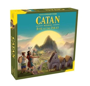 Catan - Rise of the Inkas box cover. A man and a woman are standing on the bottom-left, watching the valley in front of them from the Inka civilization. It's written Catan in yellow on the top-center
