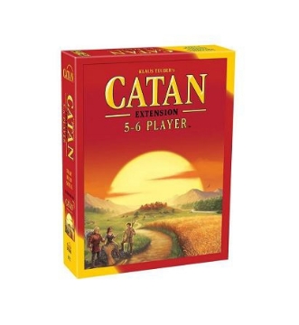 Front of the game's box, a red background with Catan written in yellow at the top and a sunset illustration on the center of the cover