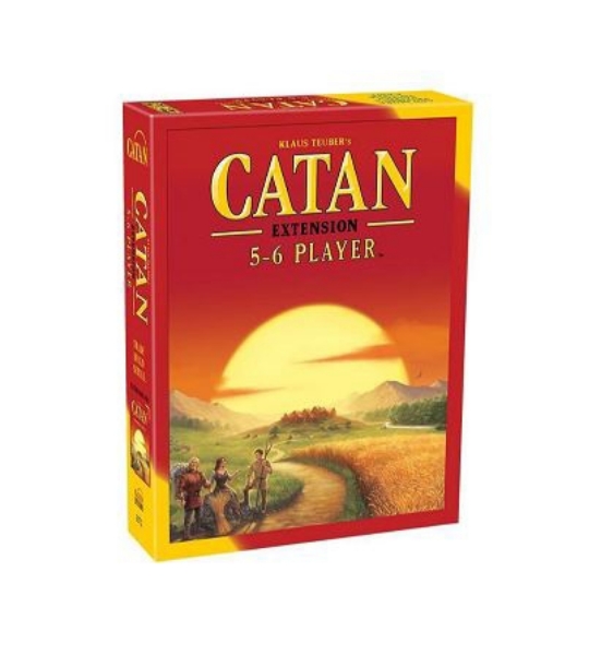 Front of the game's box, a red background with Catan written in yellow at the top and a sunset illustration on the center of the cover