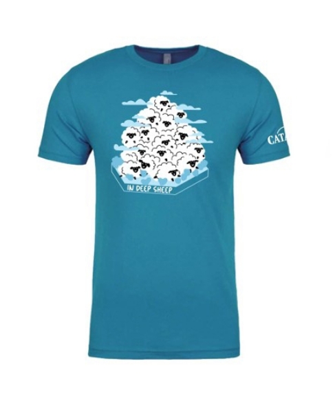 Image of a In Deep Sheep Shirt with a Catan logo on it